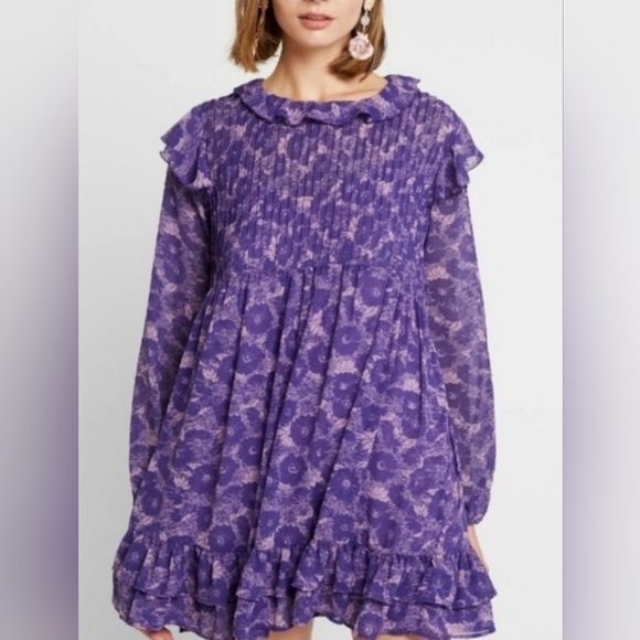 Free People Dresses & Skirts - Free People Purple Floral Ruffle Long Sleeve These Dreams Mini Dress Size Sm